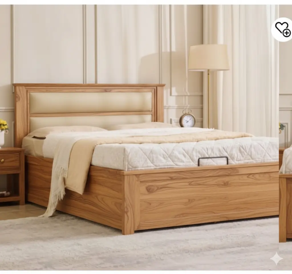 Double Bed Teak - SPRUCE (NT01 - Natural, No Storage, NR/Brisbane [ Brisbane 701 ], King Size  78" x 72")